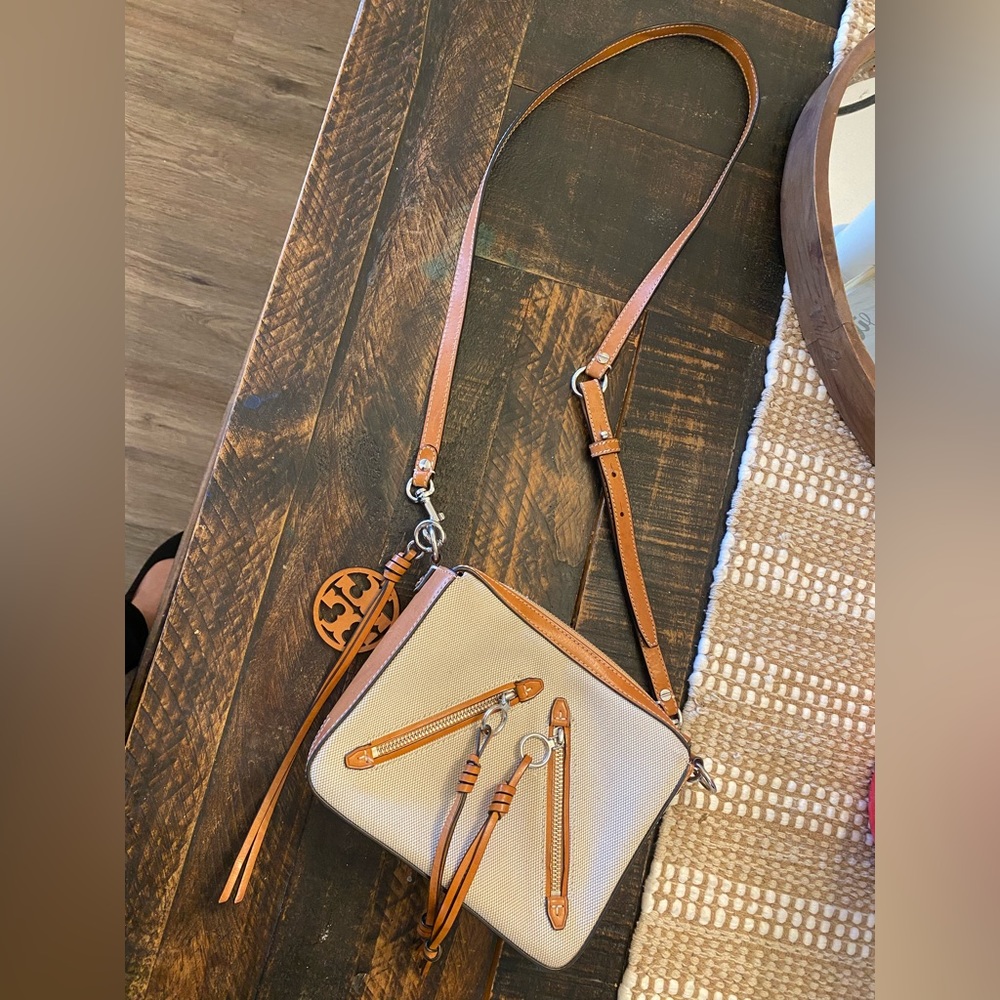 Tory Burch Beige/Tan Canvas and Leather Front Zip Crossbody Bag